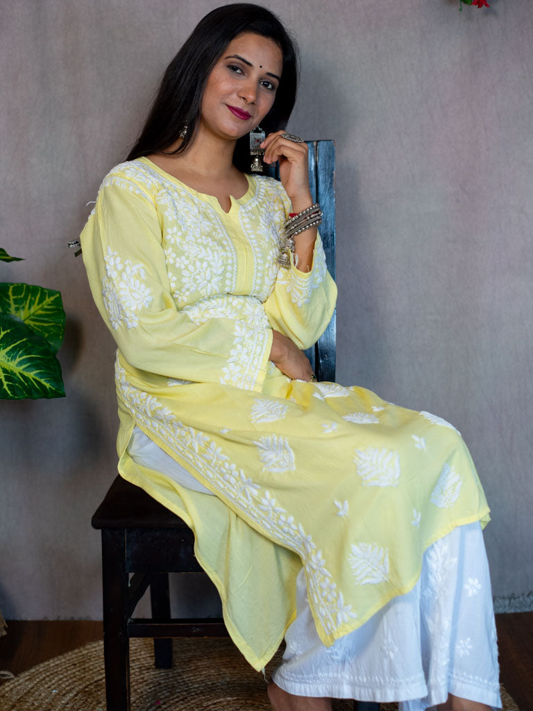 Readymade Floral Chikankari Rayon Kurti-Lemon Yellow