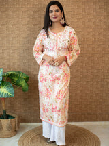 Readymade Chikankari Floral Print Mulmul Kurti-Pink