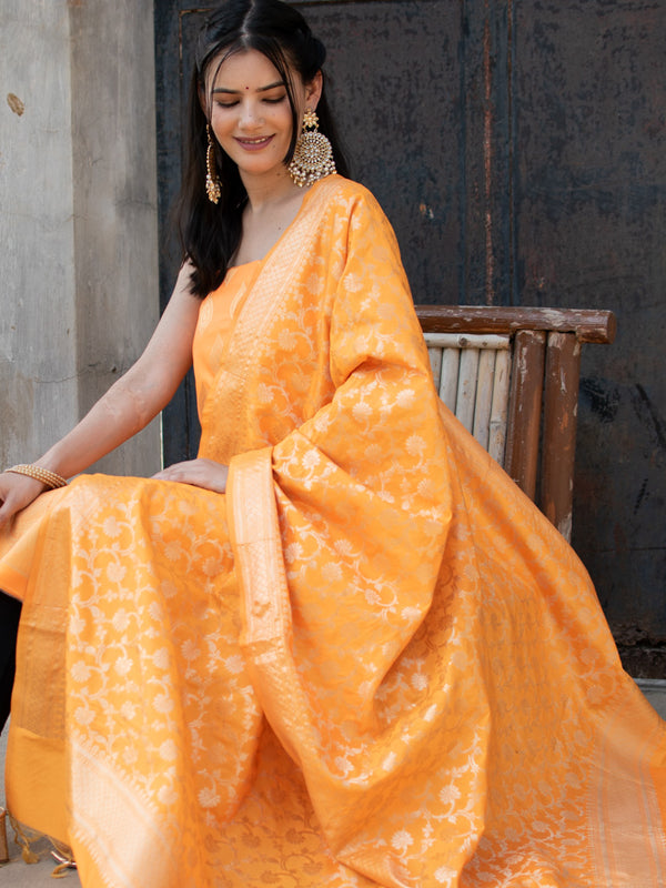 Banarasi Semi Silk Salwar Kameez Fabric & Jaal Dupatta-Yellow