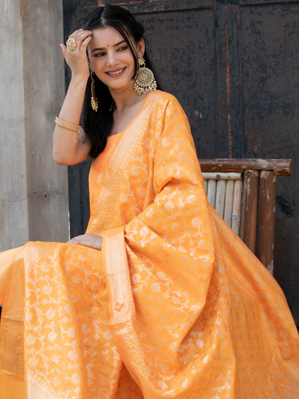 Banarasi Semi Silk Salwar Kameez Fabric & Jaal Dupatta-Yellow