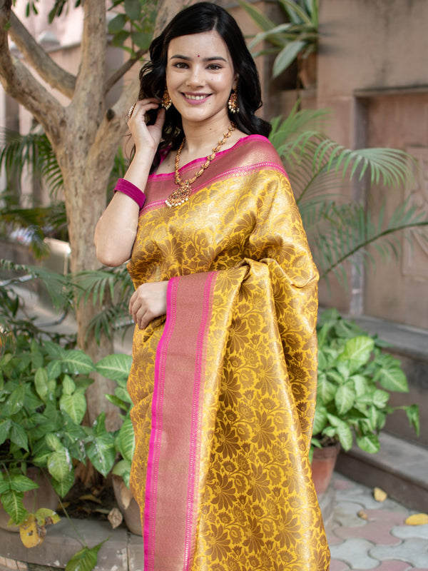 Banarasi Art Silk Saree With Contrast border & Antique Zari Heavy Jaal Weaving-Yellow
