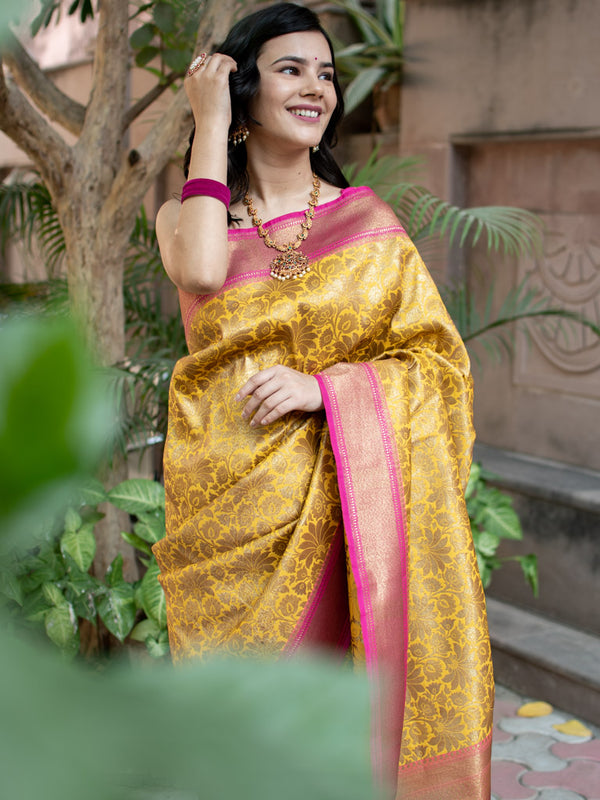Banarasi Art Silk Saree With Contrast border & Antique Zari Heavy Jaal Weaving-Yellow