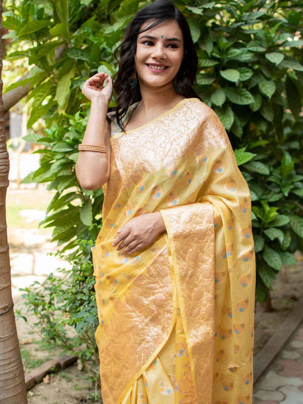 Banarasi Semi Dupion Silk Saree With Meena & Zari Weaving-Yellow