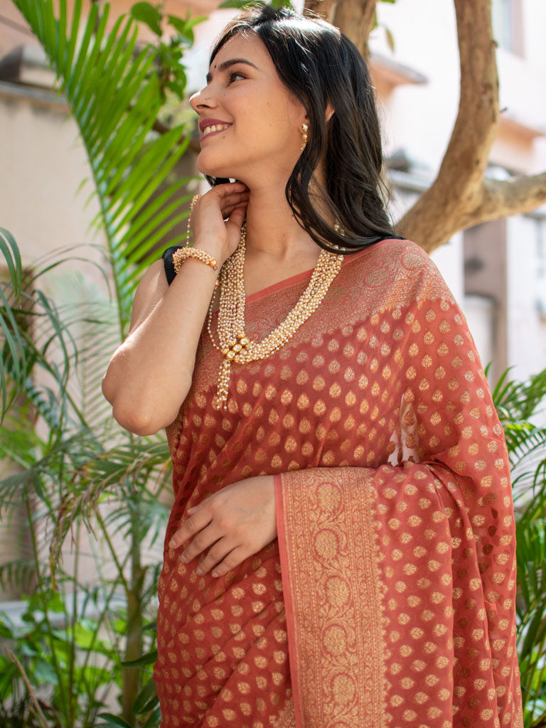 Banarasi Pure Khaddi Georgette Saree With Antique Zari Buti  Weaving-Pastel Pink