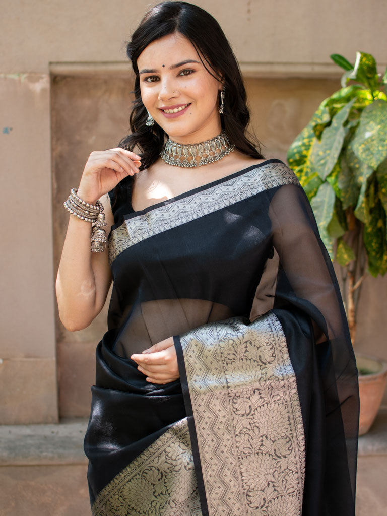 Banarasi Plain Organza Saree With Antique Zari Weaving-Black