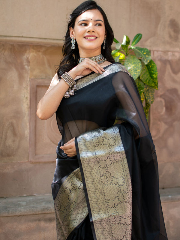 Banarasi Plain Organza Saree With Antique Zari Weaving-Black