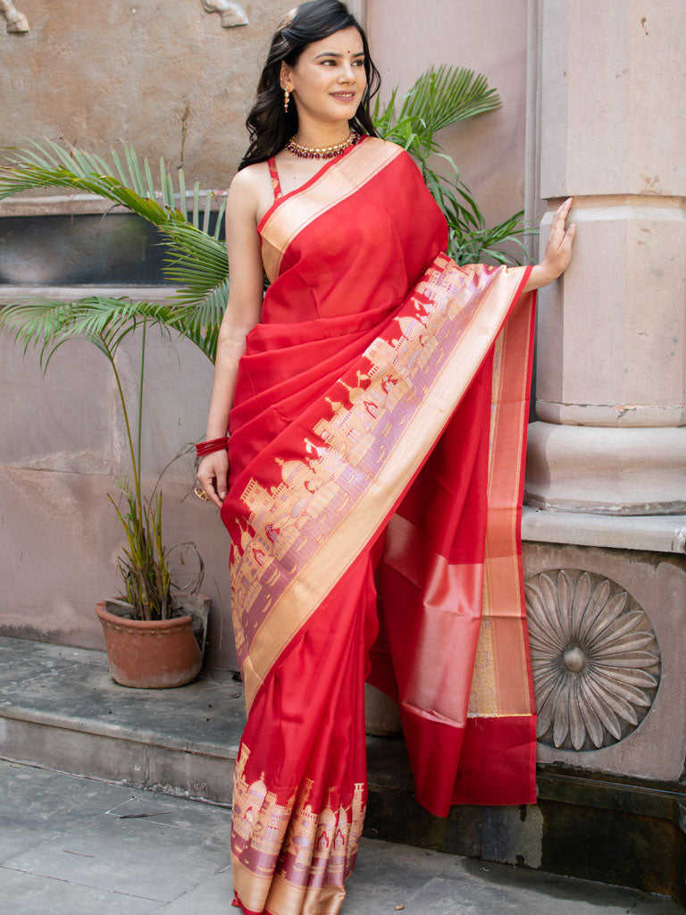 Banarasi Plain Organza Saree With Ganga Ghat Weaving-Red