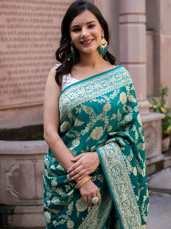 Banarasi Pure Khaddi Georgette Saree With Jaal Zari Weaving-Rama Green