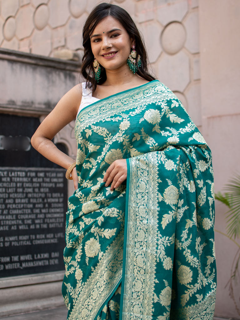 Banarasi Pure Khaddi Georgette Saree With Jaal Zari Weaving-Rama Green