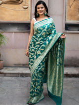 Banarasi Pure Khaddi Georgette Saree With Jaal Zari Weaving-Rama Green