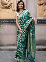 Banarasi Pure Khaddi Georgette Saree With Jaal Zari Weaving-Rama Green