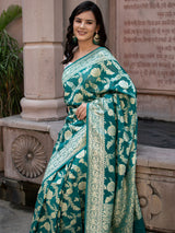 Banarasi Pure Khaddi Georgette Saree With Jaal Zari Weaving-Rama Green
