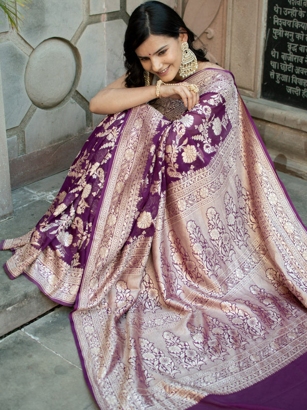 Banarasi Pure Khaddi Georgette Saree With Jaal Zari Weaving-Deep Purple