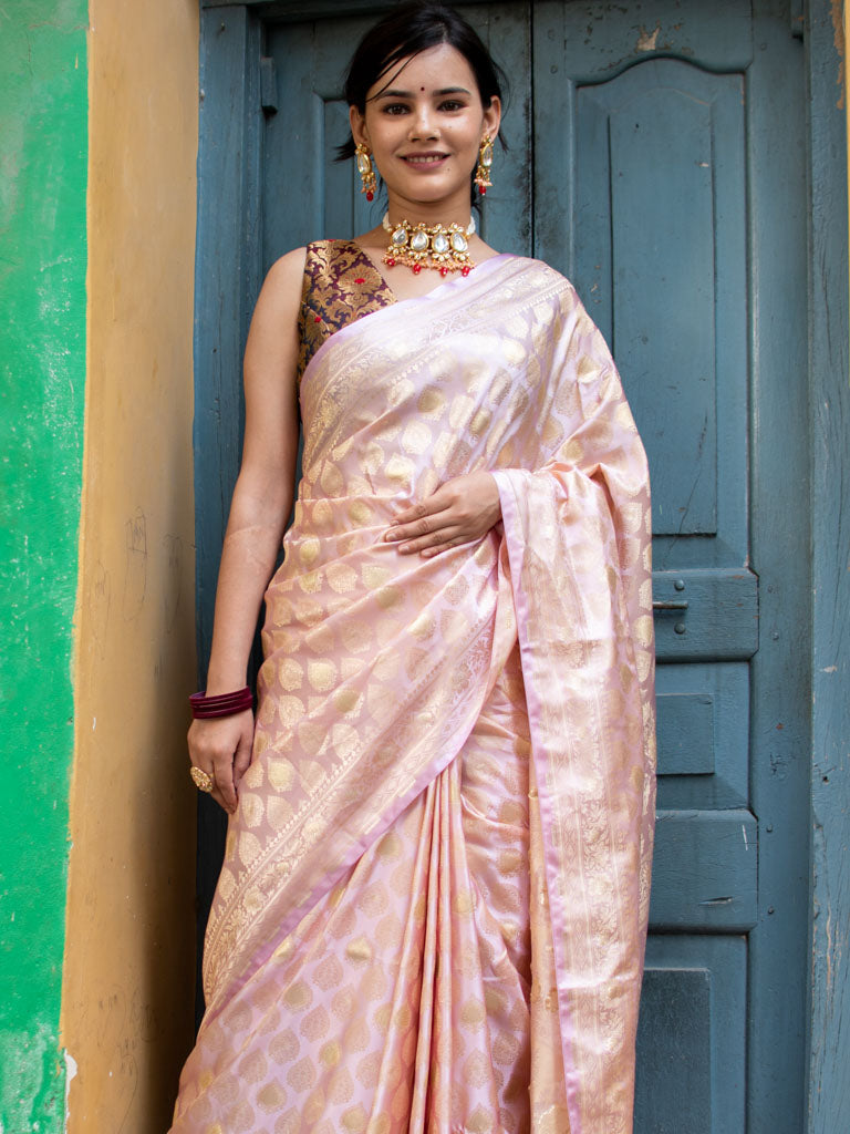 Banarasi Soft Satin Silk Saree With Silver Zari Weaving-Lavender