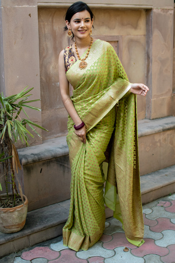 Banarasi Pure Khaddi Georgette Saree With Antique Zari Buti  Weaving-Green