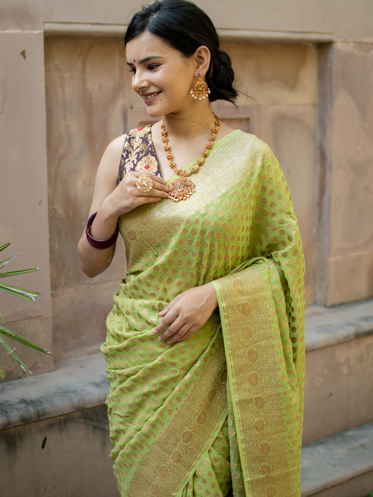 Banarasi Pure Khaddi Georgette Saree With Antique Zari Buti  Weaving-Green