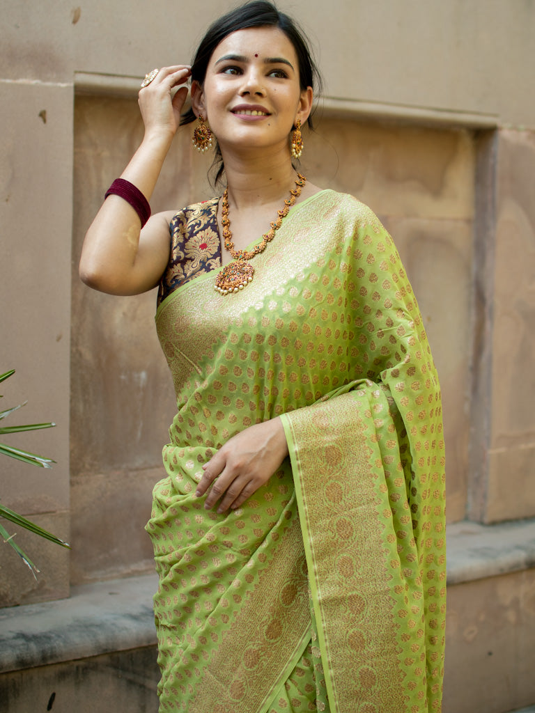 Banarasi Pure Khaddi Georgette Saree With Antique Zari Buti  Weaving-Green