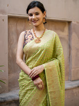 Banarasi Pure Khaddi Georgette Saree With Antique Zari Buti  Weaving-Green