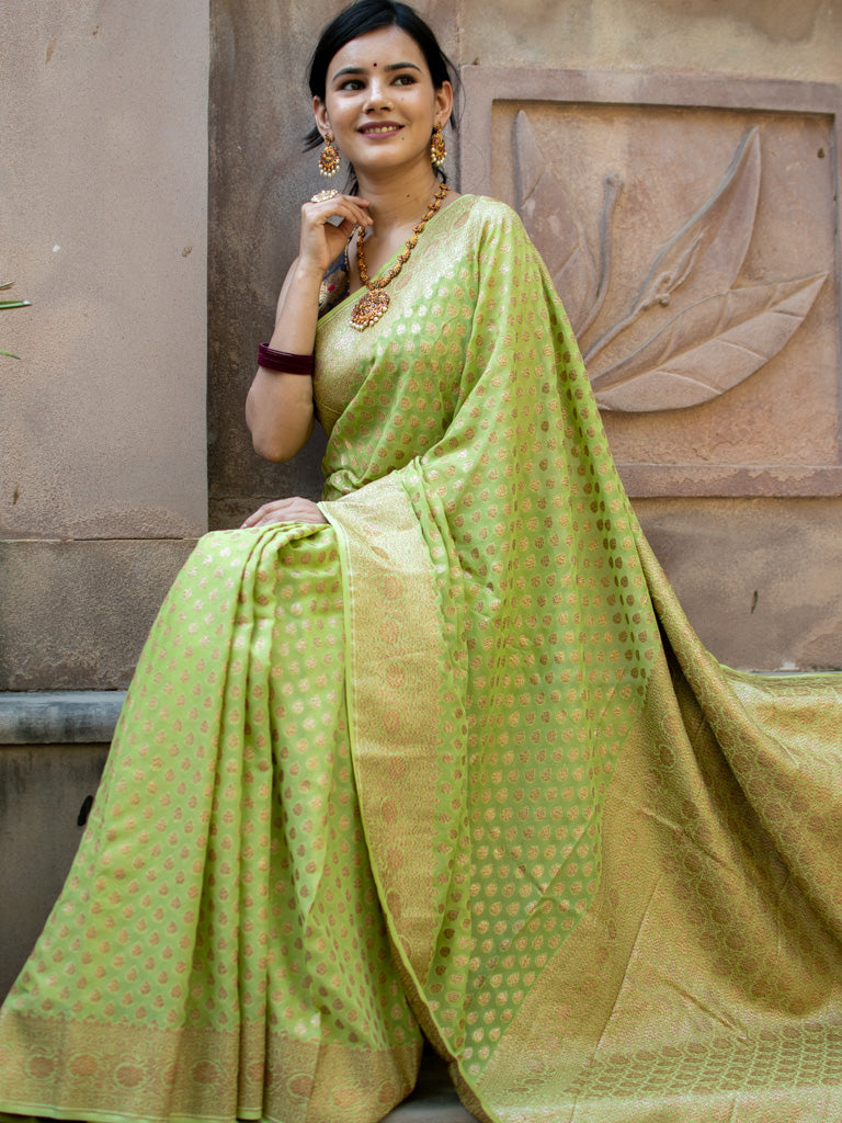 Banarasi Pure Khaddi Georgette Saree With Antique Zari Buti  Weaving-Green