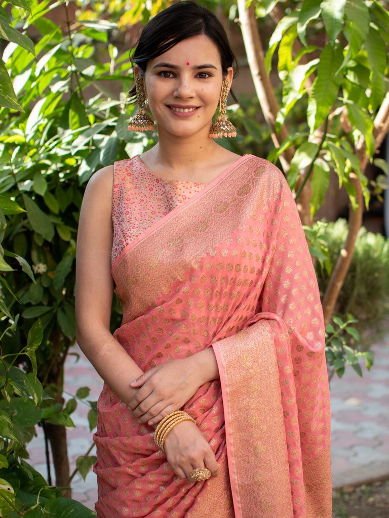 Banarasi Pure Khaddi Georgette Saree With Antique Zari Buti  Weaving-Peach