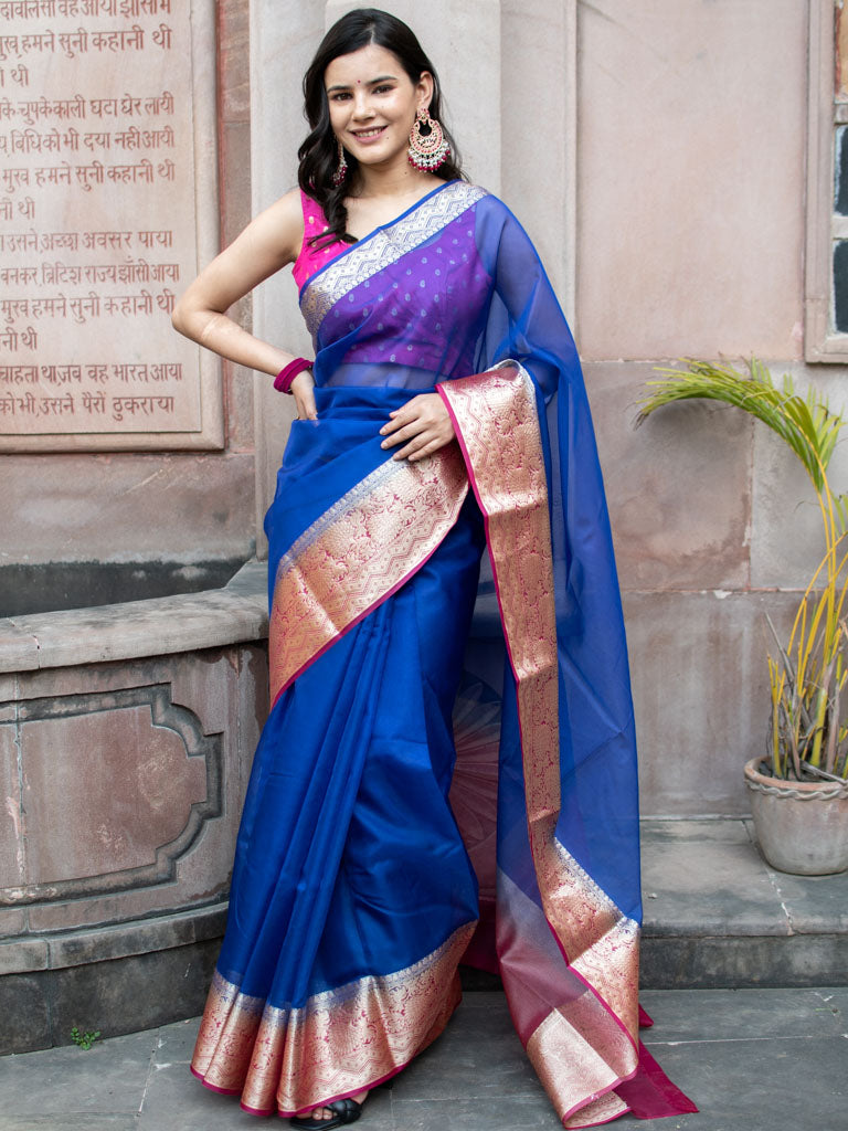 Banarasi Plain Organza Saree With Contrast Border-Blue