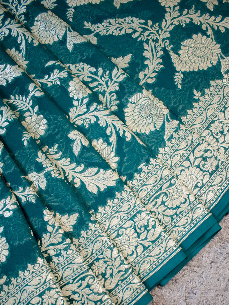 Banarasi Pure Khaddi Georgette Saree With Jaal Zari Weaving-Rama Green