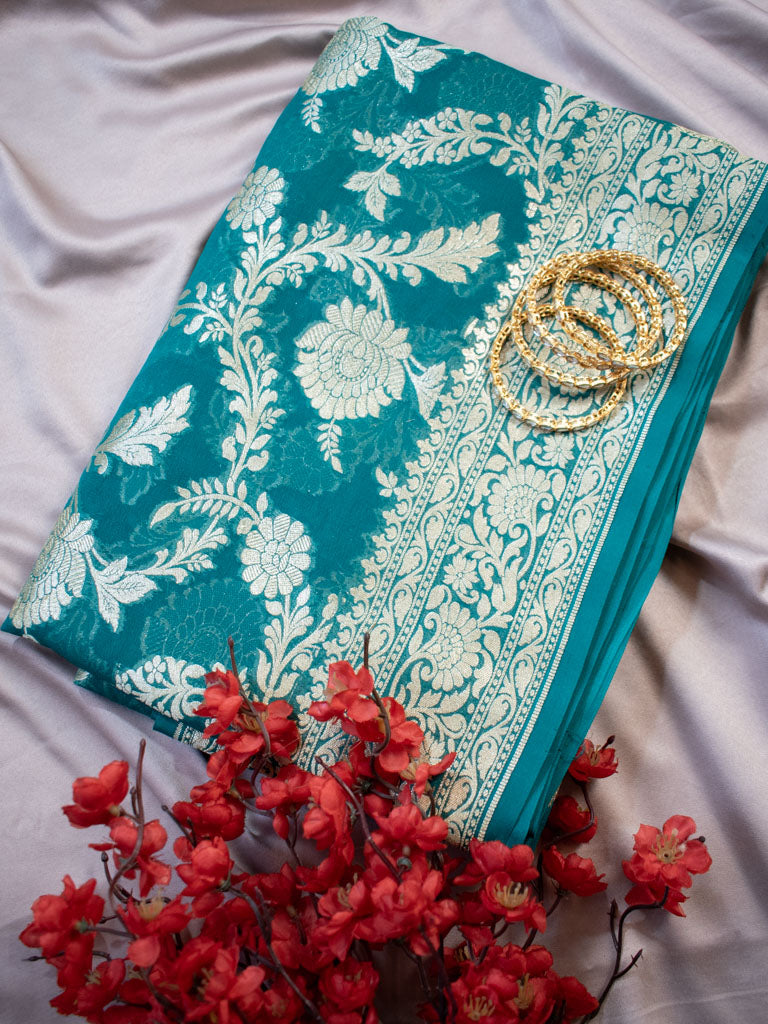 Banarasi Pure Khaddi Georgette Saree With Jaal Zari Weaving-Rama Green