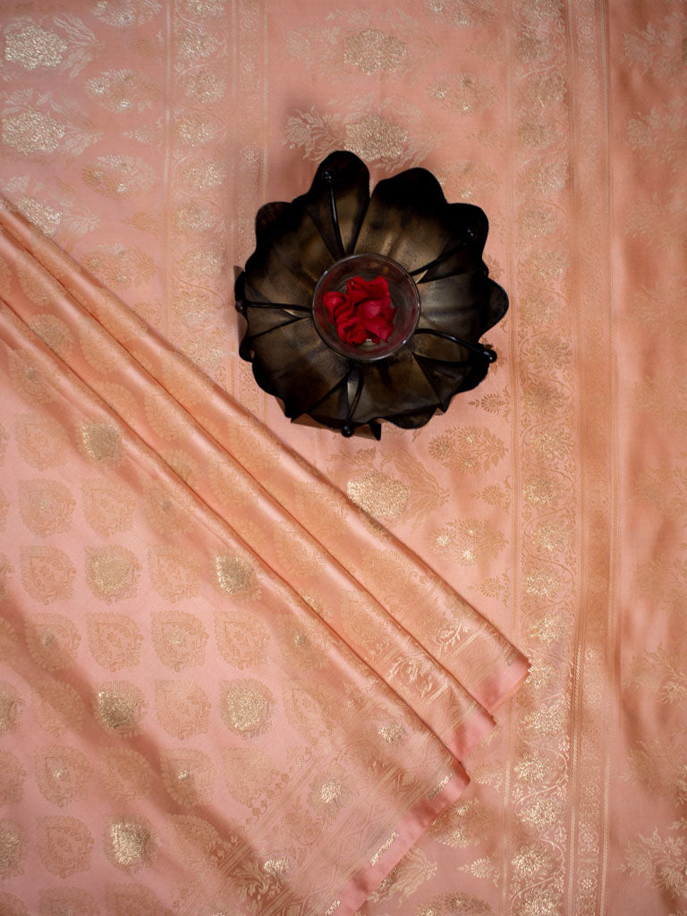 Banarasi Soft Satin Silk Saree With Silver Zari Weaving-Peach