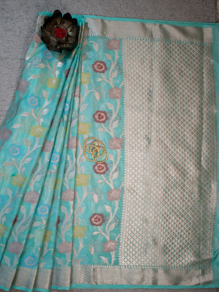 Banarasi Semi Dupion Silk Saree With Meena & Zari Floral Weaving-Blue