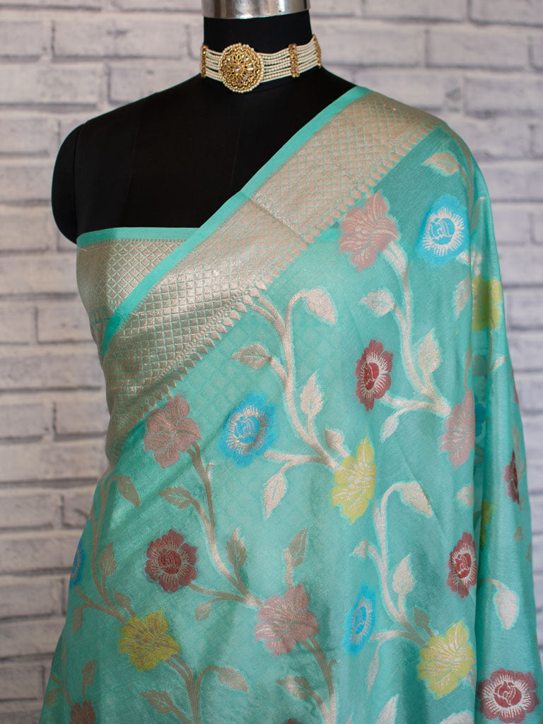 Banarasi Semi Dupion Silk Saree With Meena & Zari Floral Weaving-Blue