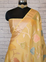 Banarasi Semi Dupion Silk Saree With Meena & Zari Floral Weaving-Yellow