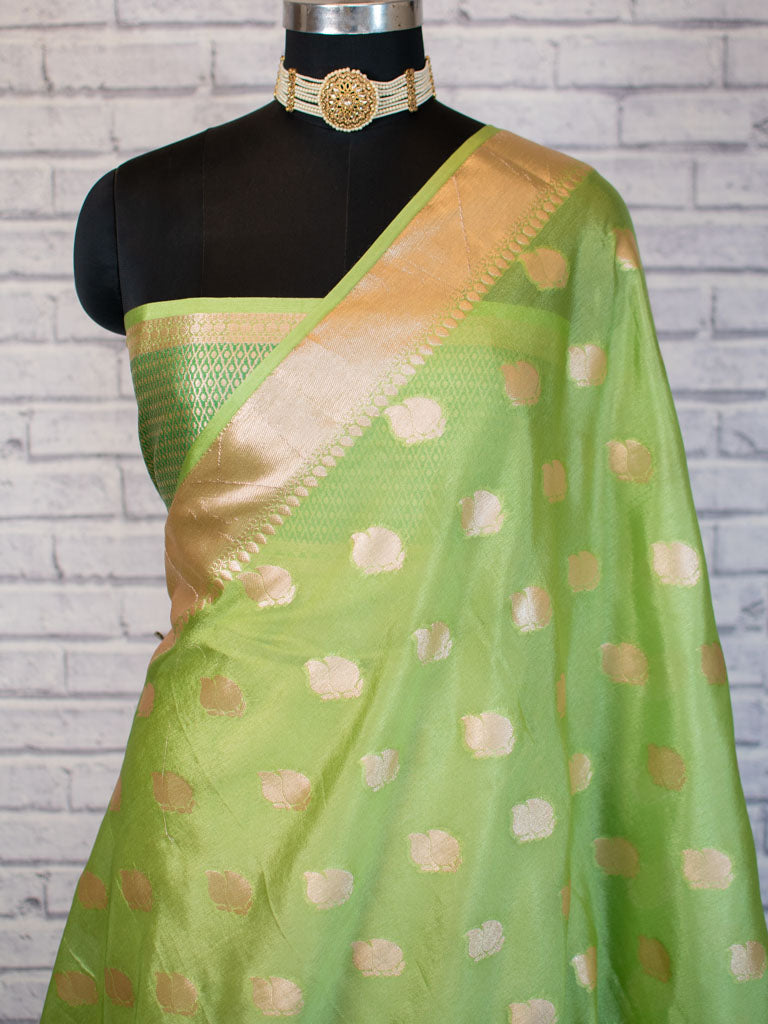 Banarasi Semi Dupion Silk Saree With Meena & Zari Floral Weaving-Green