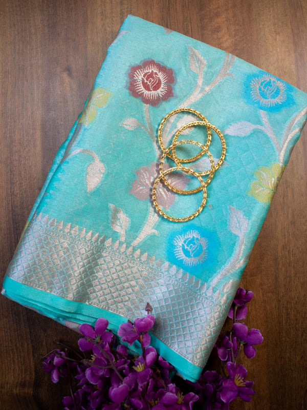 Banarasi Semi Dupion Silk Saree With Meena & Zari Floral Weaving-Blue