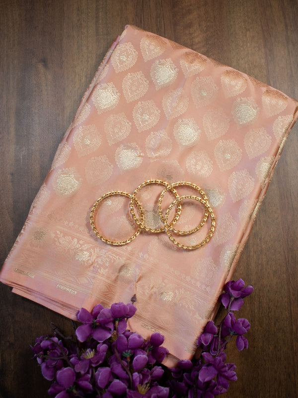 Banarasi Soft Satin Silk Saree With Silver Zari Weaving-Peach