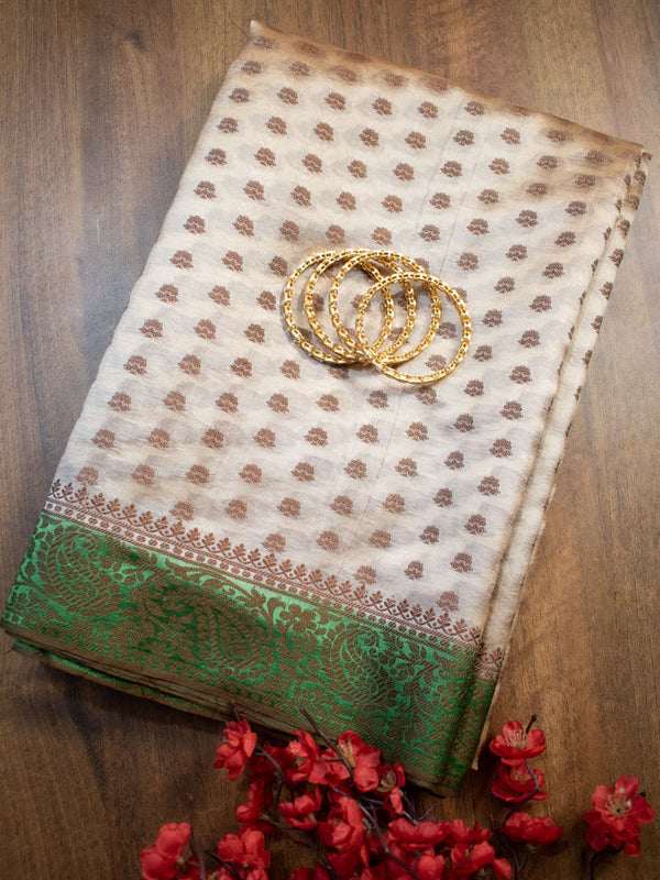 Banarasi Handwoven Pure Dupion Silk Saree With Antique Zari Weaving & Contrast Border-Beige