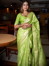 Banarasi Cotton Silk Saree with Jaal Zari Weaving-Green