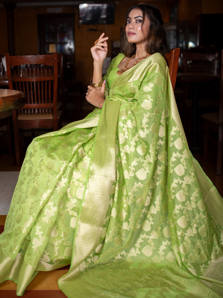 Banarasi Cotton Silk Saree with Jaal Zari Weaving-Green