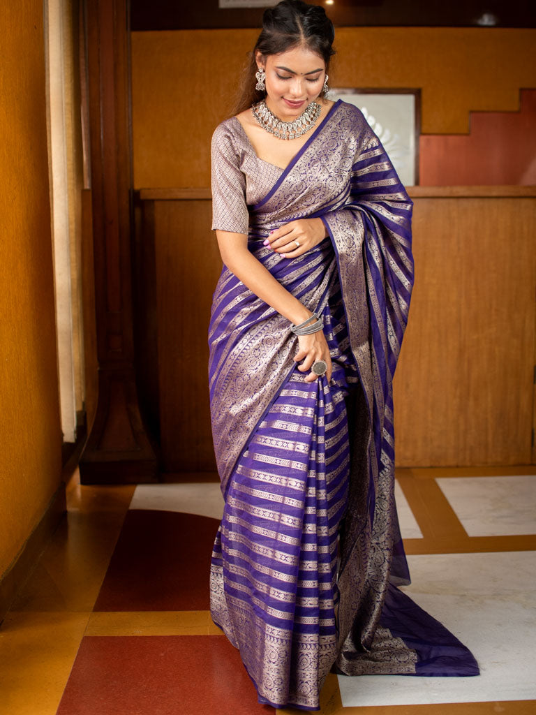 Banarasi Semi Silk Saree With Zari Weaving-Purple