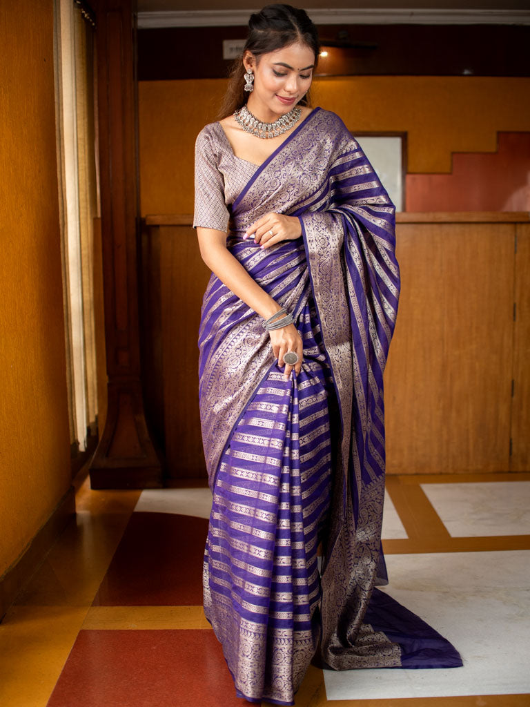 Banarasi Semi Silk Saree With Zari Weaving-Purple