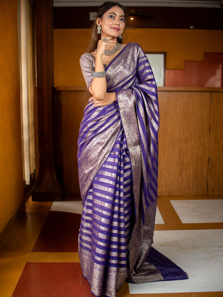 Banarasi Semi Silk Saree With Zari Weaving-Purple