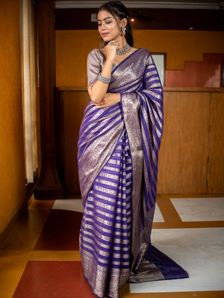 Banarasi Semi Silk Saree With Zari Weaving-Purple