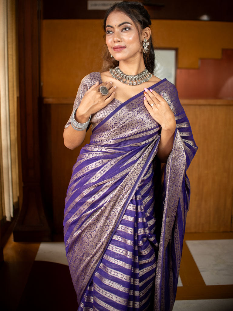 Banarasi Semi Silk Saree With Zari Weaving-Purple