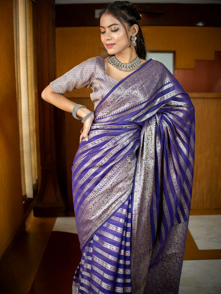 Banarasi Semi Silk Saree With Zari Weaving-Purple