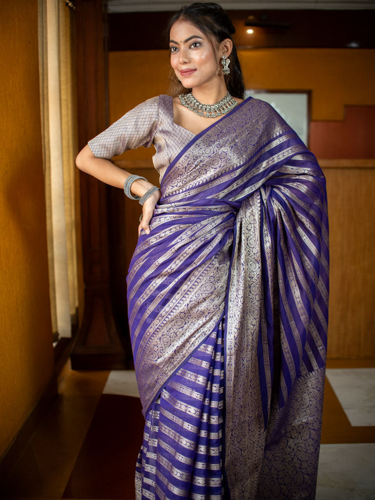 Banarasi Semi Silk Saree With Zari Weaving-Purple