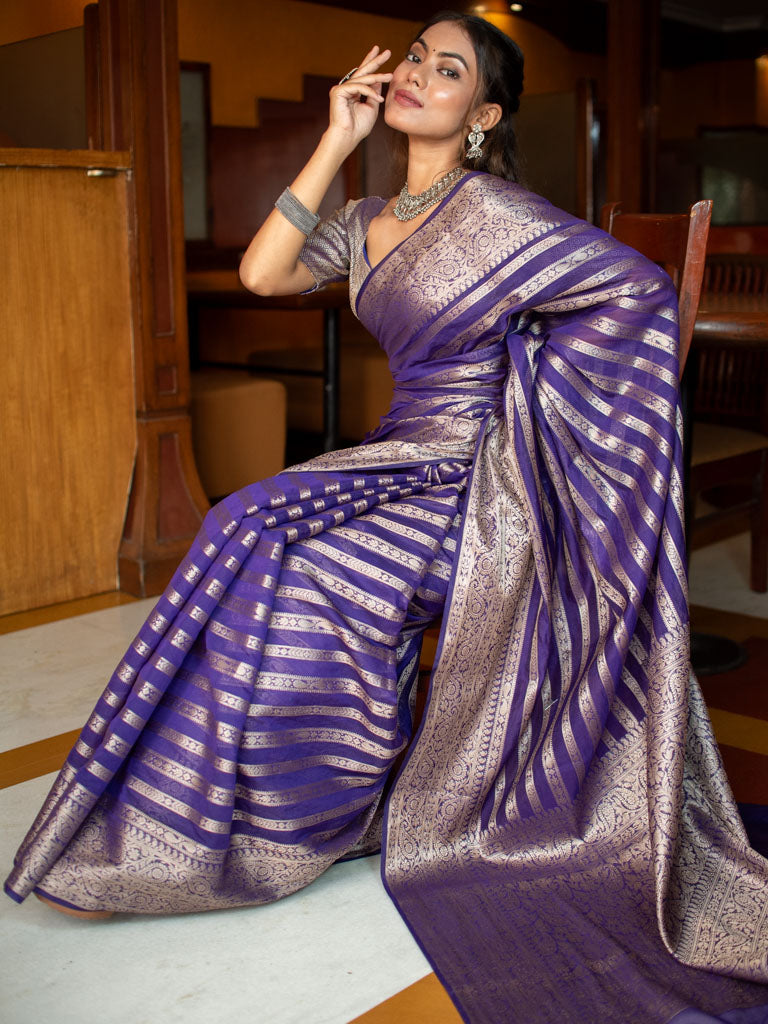 Banarasi Semi Silk Saree With Zari Weaving-Purple