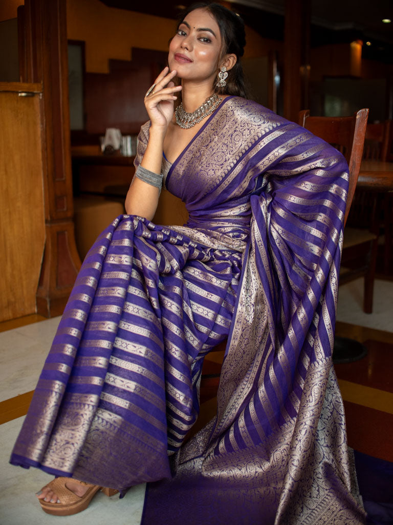 Banarasi Semi Silk Saree With Zari Weaving-Purple