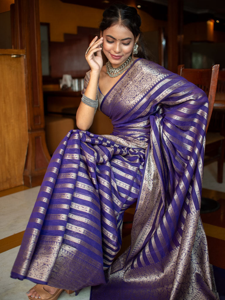 Banarasi Semi Silk Saree With Zari Weaving-Purple