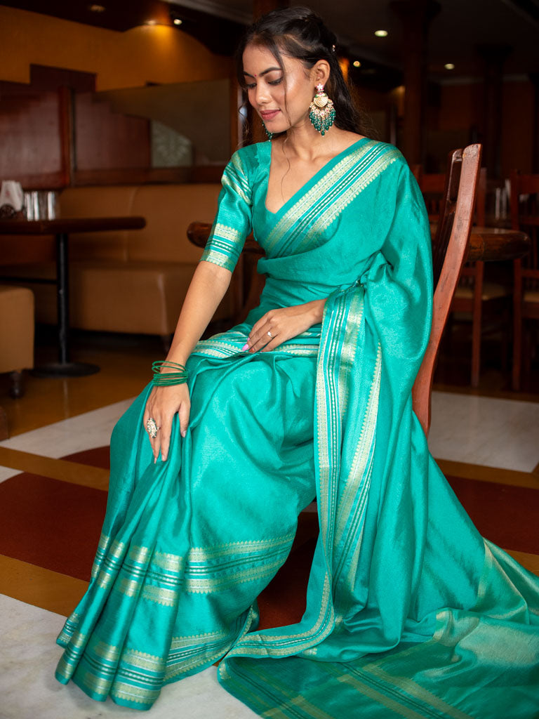 Banarasi Semi Silk Saree With Plain Zari Weaving-Green