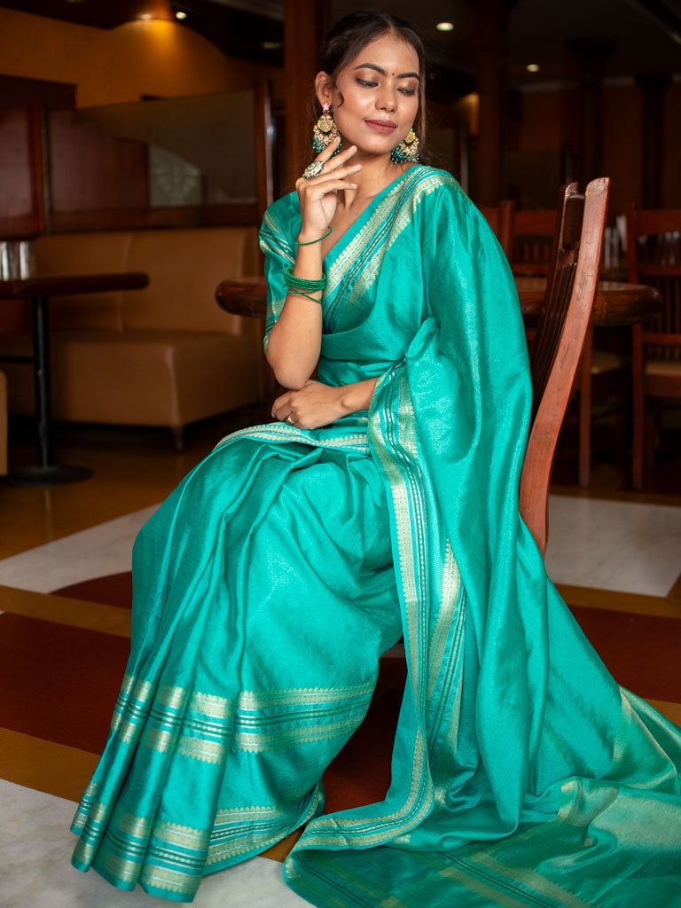 Banarasi Semi Silk Saree With Plain Zari Weaving-Green