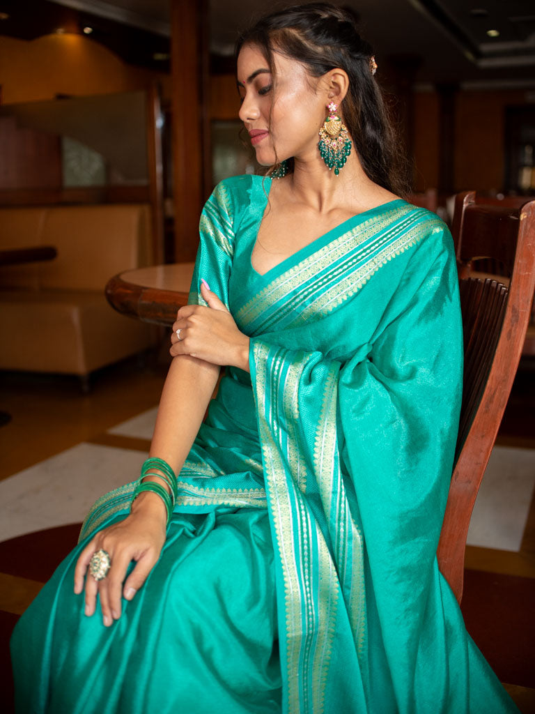 Banarasi Semi Silk Saree With Plain Zari Weaving-Green